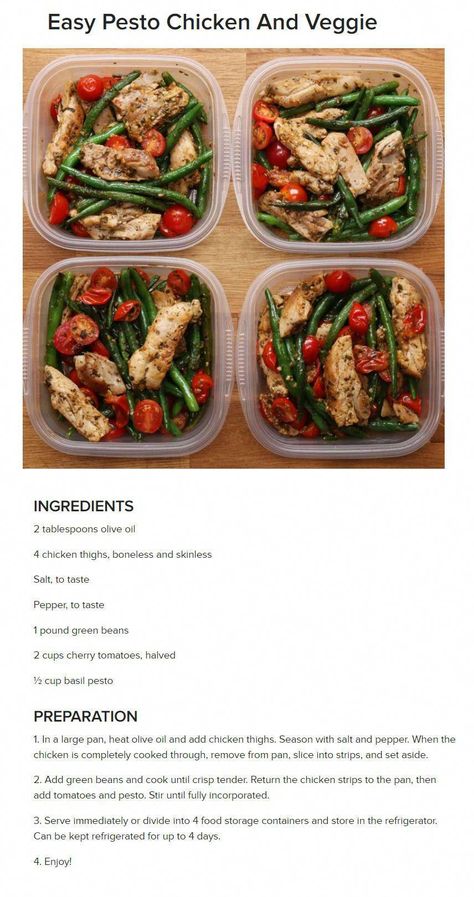 Pesto Chicken and Veggie __ Chicken, Green Beans, Pan fried, Pesto, Stir fry, Clean Meal Prep, Chicken Green Beans, Chicken And Veggies, Healthy Lunch Meal Prep, Meal Prep Clean Eating, Easy Healthy Meal Prep, Lunch Recipes Healthy, Lunch Meal Prep, Pesto Chicken