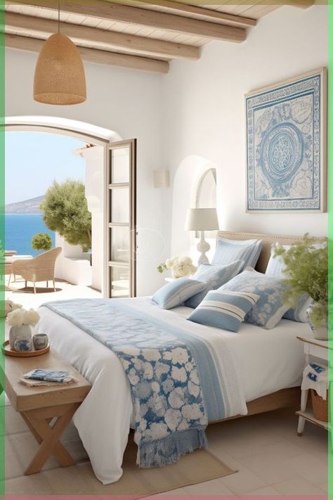 Greek Bedroom Design, Spanish Beach House Interior, Coastal Hotel Room, Greece Inspired Bedroom, Sea Bedroom Ideas, Greek Bedroom, Sea Bedrooms, Coastal Interior, Beach Room