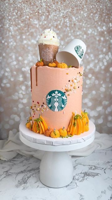 Pumpkin Spice Birthday Cake, Pumpkin Spice Party Theme, Pumpkin Spice Birthday Party, October Cake Ideas, Pumpkin Spice Party, 13th Birthday Party Ideas For Girls, Autumn Cakes, Fall Birthday Cakes, Pumpkin Spice Frappuccino