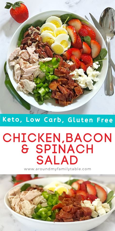 Keto Chicken, Bacon, & Spinach Salad is a great way to use up leftovers or prepare in advance for a quick, low carb lunch or dinner. It's so delicious and full of flavor that you'll forget this is keto friendly. via @slingmama Chicken Spinach Salad, Keto Chicken Bacon, Keto Salads, Delicious Salad Dressings, Keto Salad, Side Salad Recipes, Leftover Chicken Recipes, Leftover Rotisserie Chicken, Low Carb Salad