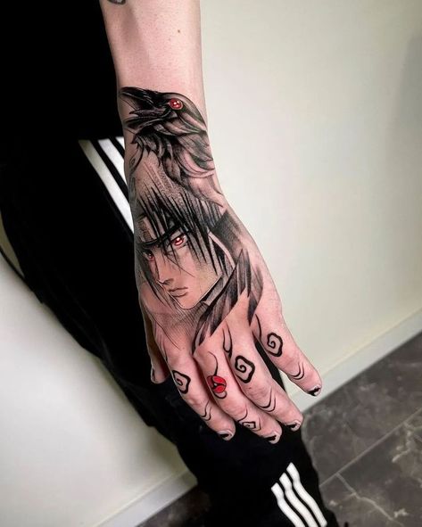 Anime Hand Tattoo, Anonymous Tattoo, Anime Tats, Itachi Tattoo, Tattoo Studio Interior, Hand Tatto, Naruto Universe, Naruto Tattoo, Anime Hands