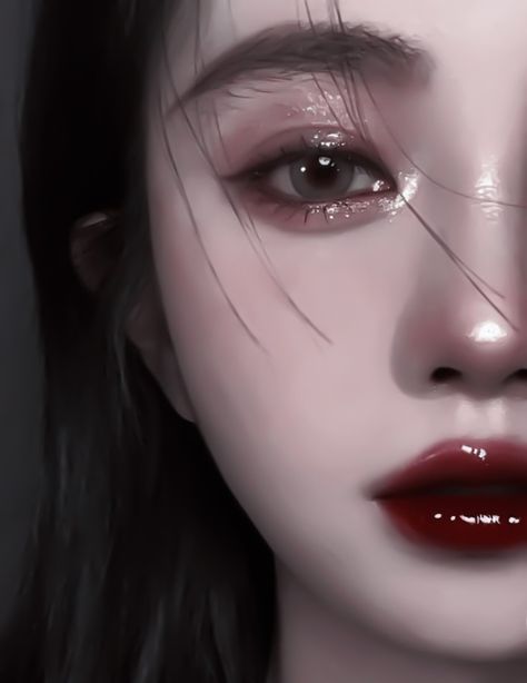 Vampire Beauty Korean, Vampire Beauty Aesthetic Korean, Korean Vampire Makeup, Elegant Vampire Makeup, Asian Vampire Makeup, Vampire Douyin Makeup, Douyin Vampire Makeup, Vampire Lips Aesthetic, Vampire Makeup Female