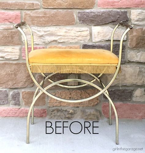 DIY Vintage vanity bench makeover - reupholstered and then updated with Fusion Mineral Paint. By Girl in the Garage Diy Vanity Stool, Bathroom Vanity Stool, Vanity Makeup Rooms, Bench Makeover, Vintage Makeover, Girls Vanity, Vanity Seat, Shabby Chic Vanity, Diy Stool