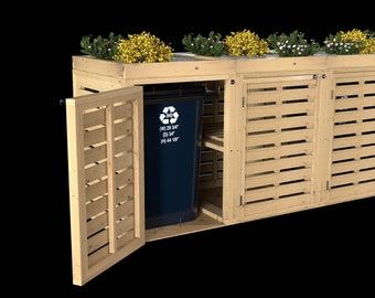 Outdoor Trash Bin / Garbage Can Enclosure & Raised Planter Bed / Digital Download ONLY / NO Physical Item Delivered - Etsy Trash Can Storage Outdoor Diy, Pool Sheds, Yard Storage, Recycling Storage, Raised Planter Beds, Planter Beds, Build Plans, Bin Store, Outdoor House