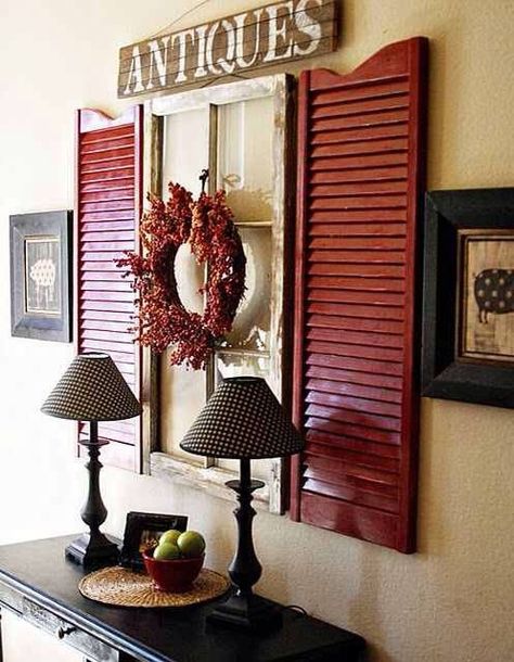 Old Window Shutters, Shutter Wall Decor, Shutter Decor, Red Shutters, Shutter Wall, Rustic Entryway, Old Shutters, Sala Grande, Tuscan Decorating