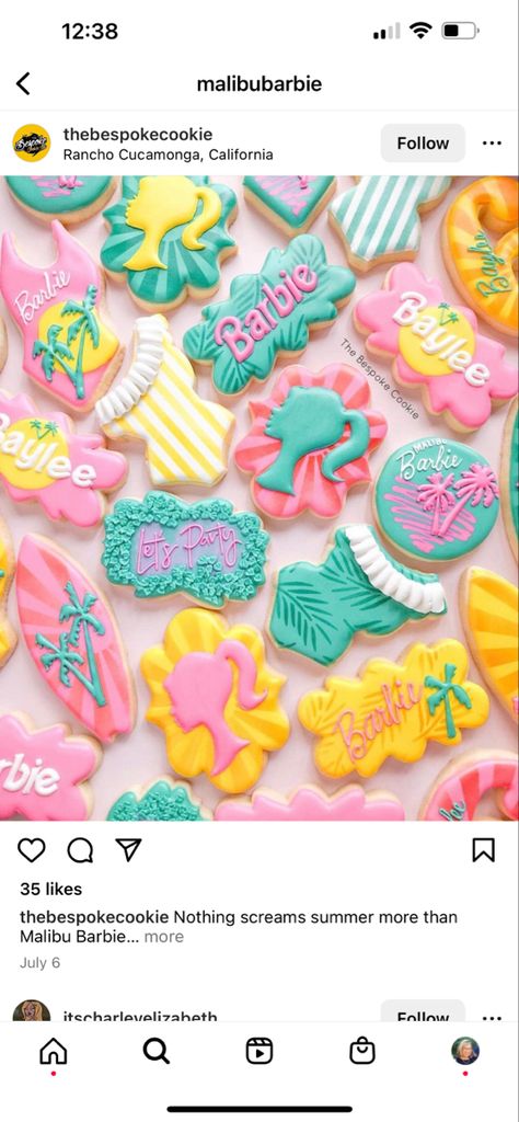 Tropical Barbie Birthday Party, Barbie First Birthday Party Ideas, Barbie Cake Malibu, Barbie Beach Theme Birthday Party, Malibu Barbie Dessert Table, Pool Barbie Birthday Party, Barbie Pool Party Cookies, Barbie Malibu Birthday Party Cake, Barbie Themed First Birthday Party