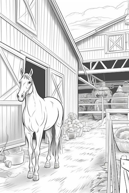 Photo coloring pages of a horse in a bar... | Premium Photo #Freepik #photo #horse #horse-background #background #page-background Cheval Pie, Photo Coloring, Photo Horse, Drawing Horse, Horse Coloring Books, Horse Background, Horse Coloring Pages, Horse Horse, Horse Drawing