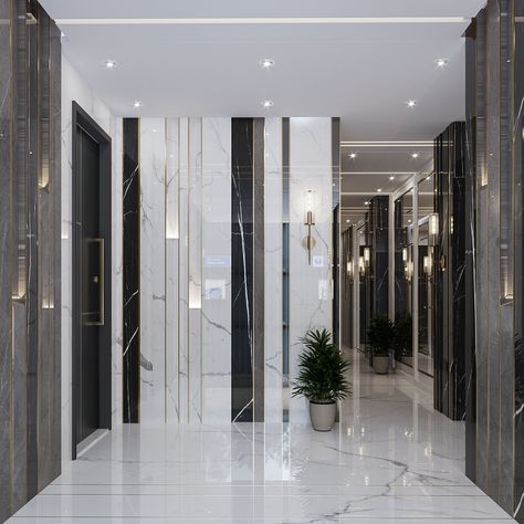 Entrance Lobby Design Residential, Lobby Design Residential, Stairs Wall Design, Residential Building Entrance, Entrance Lobby Design, Luxury Marble Flooring, Elevator Lobby Design, Modern Lobby, Stair Elevator