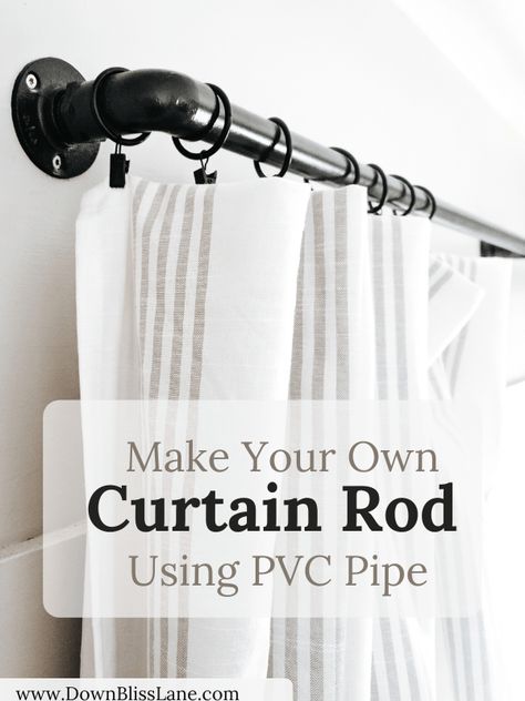 Easy DIY Industrial Curtain Rod Using PVC Pipe - Under $25 Pvc Pipe Curtain Rods, Black Pipe Curtain Rod, Pvc Outdoor Curtain Rods, Budget Curtain Rods, Kitchen Curtain Rods, Diy Porch Curtain Rods, Diy Industrial Curtain Rod, Long Curtain Rods Diy, Sunroom Curtain Ideas Farmhouse