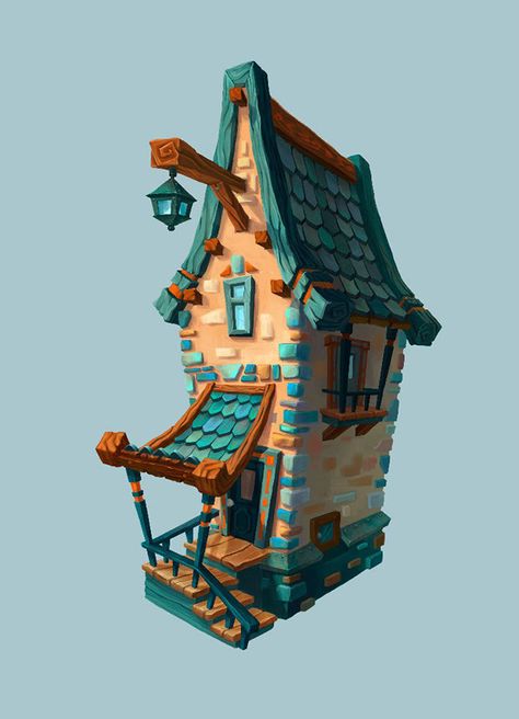 Blues and yellows 3d Karakter, Bg Design, Cartoon House, Low Poly Art, House Illustration, Fantasy House, Game Concept Art, House Drawing, 3d Modelling