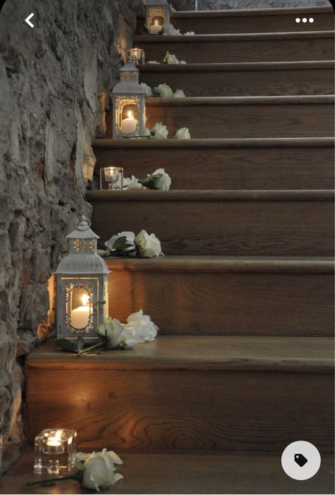 Candles Down Stairs Wedding, Stair Decor For Party, Lanterns On Stairs Wedding, Wedding Isles Decoration Latern, Lanterns On Steps, Stairway Wedding Decorating, Decorated Stairs For Wedding, Outdoor Stair Decoration Wedding, Winter Wedding Staircase Decor