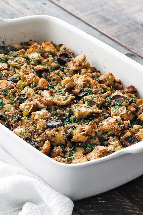 This Homemade Stuffing with Sausage... - Chef Billy Parisi Homemade Stuffing With Sausage, Stuffing With Sausage, Sausage And Mushrooms, Traditional Stuffing Recipe, Traditional Stuffing, Chef Billy Parisi, Billy Parisi, Homemade Stuffing, Standing Rib Roast