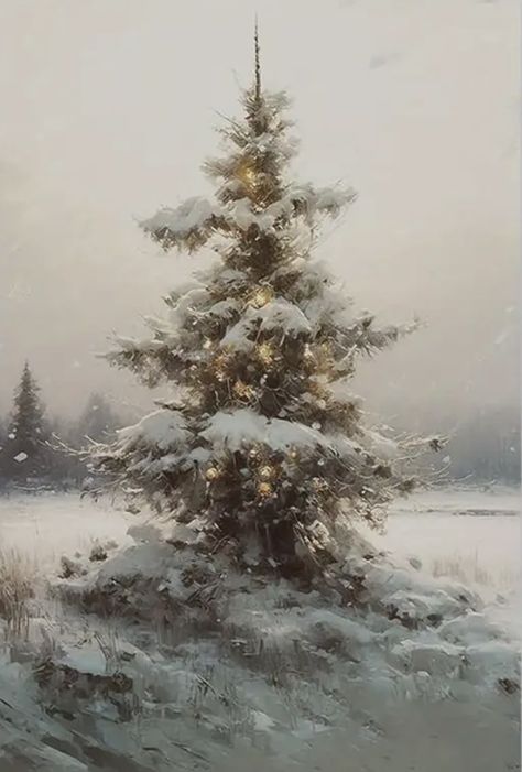 Christmas Night Painting, Winter Trees Painting, Oil Painting Christmas, Oil Painting Winter, Vintage White Christmas, Realistic Christmas Trees, Moody Painting, Winter Christmas Scenes, Oil Painting Background