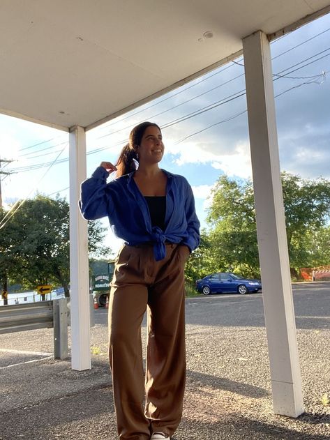 Tan Pants Blue Top Outfit, Tan Button Up Outfit, Silk Brown Pants Outfit, Royal Blue Button Down Shirt Outfit, Dark Brown And Blue Outfit, Brown Pants Blue Top, Royal Blue And Brown Outfit, Blue And Brown Outfit Aesthetic, Brown Silk Pants Outfit