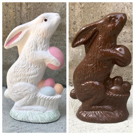 Ceramic Bunny Painting Ideas, Spring Food Crafts, Chocolate Easter Bunny Decor, Bunny Ceramic Painting, Ceramic Bunnies Painted, Bunny Ceramic Sculpture, Easter Egg Chocolate Showpiece, Candy Decor, Easter Things