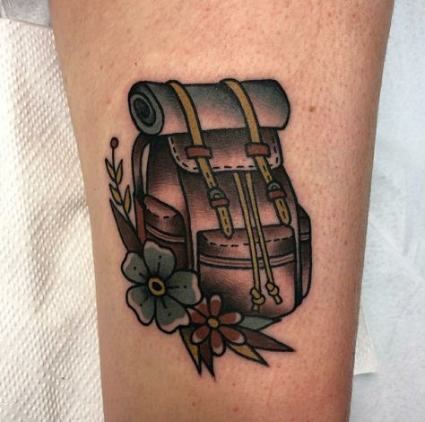 Backpack Tattoo Ideas, Old School Camping, Tattoo Camping, Backpack Tattoo, Camping Tattoo, Globe Tattoos, Wanderlust Tattoo, Prompt Ideas, Traditional Tattoo Inspiration