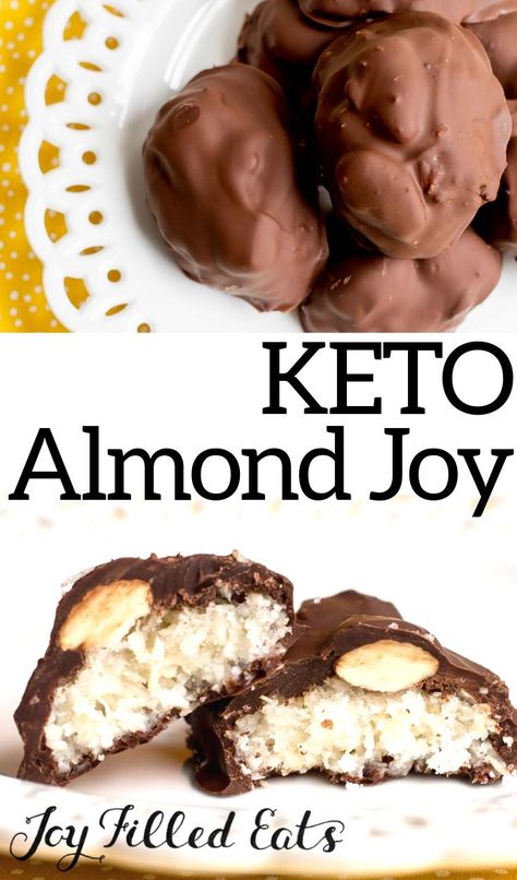 You won't miss this candy bar favorite any longer. With my healthy version of the classic Almond Joy candies, you can indulge without guilt! These mix up in minutes with a chewy coconut base topped with almonds and coated with melted chocolate. Only 2 net carbs per candy! #lowcarb #lowcarbrecipes #lowcarbdiet #keto #ketorecipes #ketodiet #thm #trimhealthymama #glutenfree #grainfree #glutenfreerecipes #recipes Keto Almond Joy, Almond Joy Candy, Fat Bomb Recipes, Low Carb Candy, High Fat Low Carb Recipes, Keto Candy, Joy Filled Eats, Fat Bomb, Fat Bomb Recipe