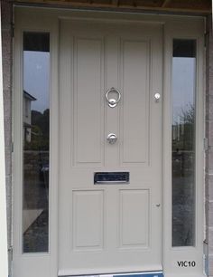 victorian door with glazed side panels 1930s Doors External, Front Door Garage Door Colors, Exterior Paint Garage Door, Greige Front Door Brick House, Cool Beans Frenchic Paint Front Door, Front Door Ideas 1930s House, 1930s Front Door Colours, Front Door Ideas Green, Greige Front Door Colors