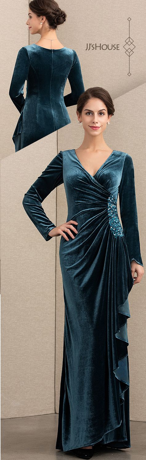 Available in different fabrics, colors and styles, our gowns are the perfect wedding day fit! Shop at JJ's House now! #MotherOfTheBrideDresses #MotherDresses #JJsHouse #FloorLengthDresses #Velvet #VNeck #LongSleeves #ALine #Beading #Sequins #CascadingRuffles Beautiful Gown Designs, Velvet Evening Dress, Velvet Party Dress, Dresses Velvet, Velvet Dress Designs, Soiree Dress, Cascading Ruffles, Gown Inspiration, Groom Groomsmen