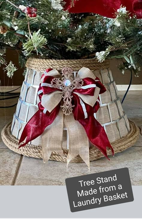 Diy Christmas Tree Basket Base, Diy Christmas Tree Base Cover, Laundry Basket Christmas Tree, Basket Under Christmas Tree, Diy Christmas Tree Basket Stand, Laundry Basket Tree Collar, Laundry Basket Tree Skirt, Christmas Tree Base Ideas Diy, Diy Christmas Tree Stand