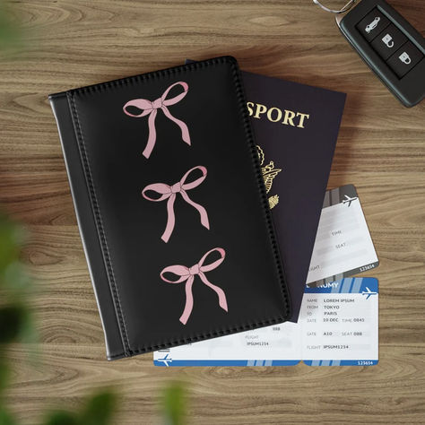 Elevate your travel essentials with our sleek black passport holder featuring three dainty pink bows in a chic row. Effortlessly merge style and functionality as you jet-set with this sophisticated accessory. 

#CoquettePassportCover #CoquettePassport #PinkBowPassport #CutePassport #GirlyPassport #PassportCover #PassportHolder #PassportSleeve #KawaiiPassport #LolitaPassport #HarajukuPassport #CutePassportCover #PinkPassportHolder #BowPassportHolder #FunPassportHolder Passport Cover Aesthetic, Chic Aesthetic, Pink Bows, Passport Cover, Elegant Accessories, Travel Aesthetic, Pink Bow, Jet Set, Passport Holder