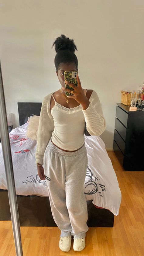 comfy outfit, everyday outfits, for school, grey joggers outfit, autumn outfits casual 2023, winter outfit, back to school outfits, school outfit, college outfit, uni outfit, comfy uni outfit, crocs outfit, echo crocs outfit, crocs aesthetic, joggers outfit, track pants outfit, sweats outfit, grey joggers outfit women street styles black women, lace cami outfit, lace cami top, y2k inspired outfit, knit bolero outfit, knit shrug #y2kfashion #y2kaesthetic #autumn #winteroutfit #collegefashion Grey Jogger Outfits Women, Grey Sweatpants Outfit Spring, Cozy Lazy Day Outfits, Echo Crocs Outfit, Grey Track Pants Outfit, Outfit With Black Sweatpants, Grey Joggers Outfit Women, Beige Sweatpants Outfits, Comfy Autumn Outfit