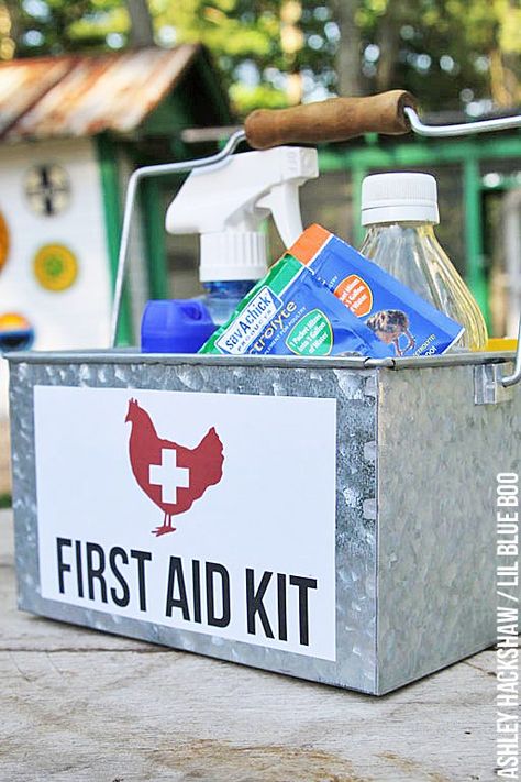 How to create a basic chicken first aid kit - free download for the caddy label so it's readily found when needed. Baby First Aid Kit, Hiking First Aid Kit, Chicken Coop Kit, Urban Chicken Farming, Diy First Aid Kit, Camping First Aid Kit, Baby Chicks Raising, Portable Chicken Coop, Chicken Coop Designs