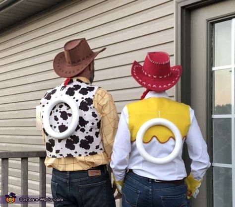 Jessie And Woodie Toy Story Costume, Woody Jessie Costume, Diy Woody And Jesse Costume, Toy Story Jesse Costume Diy, Diy Toy Story Jessie Costume, Woody And Jesse Costume Couple, Woody And Jessie Costumes Diy, Jesse Diy Costume Toy Story, Couples Costumes Toy Story