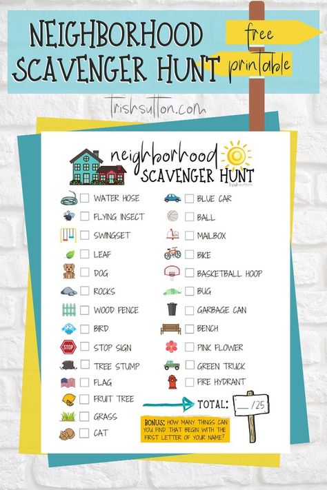 Neighborhood Scavenger Hunt Free Printable | Trish Sutton Block Party Scavenger Hunt, Outdoor Scavenger Hunt Free Printable, Scavenger Hunt Cards Free Printable, Community Scavenger Hunt Ideas, Small Town Scavenger Hunt, Outdoor Scavenger Hunt Ideas For Kids Free Printable, Neighborhood Scavenger Hunt For Teens, Scavenger Hunt Printables Free, Town Scavenger Hunt Ideas