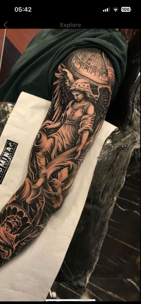 Angel Tats, Religious Tattoo Sleeves, Angel Sleeve Tattoo, Blitz Tattoo, Arm Tattoos Black, Half Sleeve Tattoos Forearm, Full Tattoo, Arm Tats, Realistic Tattoo Sleeve