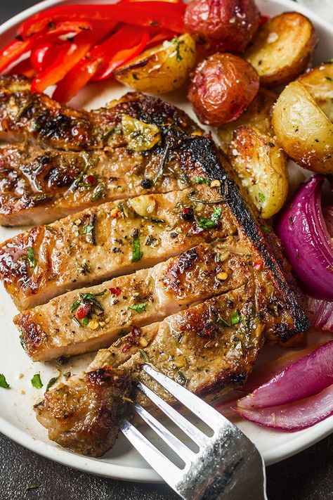 Sheet Pan Pork Chops in Oven — A quick and easy sheet pan dinner you can whip up in a breeze. Pork Chops In Oven, Sheet Pan Pork Chops, Sheet Pan Pork, Healthy Pork Chop Recipes, Easy Sheet Pan Dinner, Oven Pork Chops, Pan Pork Chops, Easy Baked Pork Chops, Cooking Pork