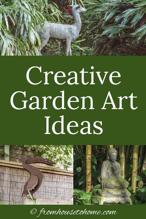 Want to add interest to your garden but not sure what to do? Click here to get some inspiration and find ways to upgrade your yard with garden art. #fromhousetohome #gardenideas #gardeningtips #outdoordecor #gardenart #landscapedesign Focal Point Garden, Whimsical Garden Art, Unique Garden Art, Garden Art Ideas, Wind Sculptures, Garden Art Sculptures Diy, Garden Artwork, Garden Art Projects, Garden Art Crafts