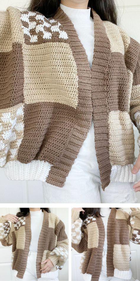 Brown Patchwork Cardigan, Oversize Cardigan Knitting Pattern, Tiktok Crochet, Crochet Tiktok, Easy Patchwork, Modern Haken, Crochet Cardigan Tutorial, Crochet Brown, Crochet Beginner