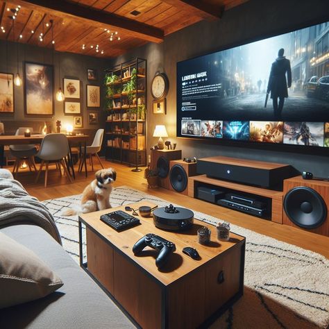 Game Room For Family, Basement Playroom Game Room, Gaming Couch Setup, Japandi Game Room, Basement Video Game Area, Leisure Room Ideas, House Gaming Room, Japandi Biophilic, Classy Game Room