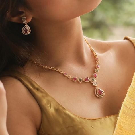 Shop These Stone Necklace Sets To Wear With Any Outfit Simple Gold Necklace Designs, Rubies Necklace, Ruby Necklace Designs, Simple Necklace Designs, Neck Pieces Jewelry, Stone Necklace Set, Necklace Set Indian, Gold Jewelry Simple Necklace, Gold Necklace Indian Bridal Jewelry