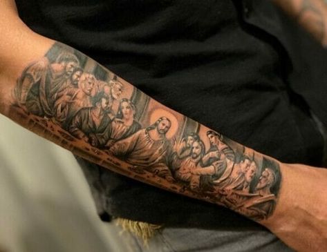 First Supper Tattoo, Last Supper Tattoo Design Forearm, Final Supper Tattoo, Black Last Supper Tattoo, Lords Supper Tattoo, Last Supper Tattoo Design Sketch, Jesus Last Supper Tattoo, Last Supper Tattoo Design, Christian Sleeve Tattoo Men