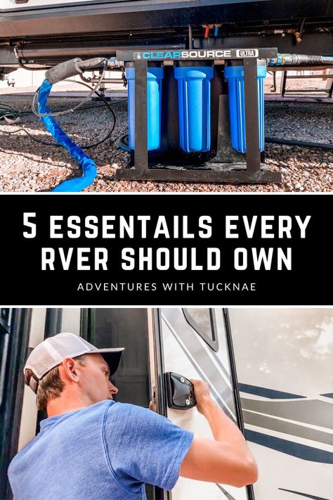 5 Essentials Every RVer Should Own Rv Hacks Travel Trailers, Rv Essentials, Fifth Wheel Living, Travel Trailer Organization, Camper Organization, The Checklist, Dry Camping, Travel Trailer Camping, Rv Organization