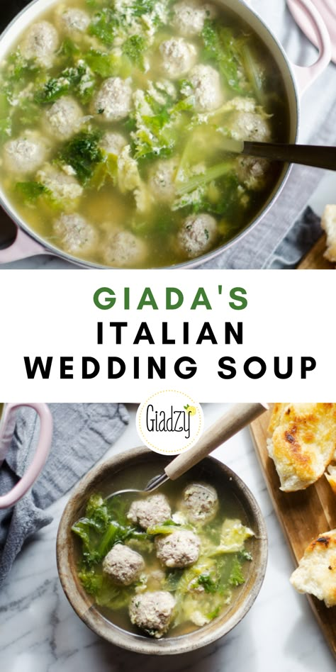 Giada's classic Italian wedding soup is so delicious and comforting, there’s no need to save it for special occasions! Italian Wedding Soup Food Network, Endive Soup Recipes, Italian Escarole Soup, Italian Wedding Soup Recipe Authentic, Italian Wedding Soup Giada De Laurentiis, Authentic Italian Wedding Soup Recipes, Wedding Soup Recipe Easy, Ina Garten Italian Wedding Soup Recipe, Giada Italian Wedding Soup