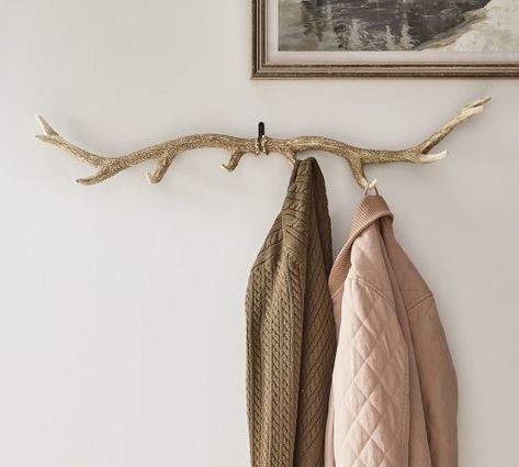 Coat Hooks & Wall Hooks | Pottery Barn Restoration Hardware Ski Lodge, Barnwood Coat Rack Wall, Laundry Hooks Ideas, Elk Antlers Mounted, Antler Coat Hooks, Southern Cabin Decor, Decorative Hooks Wall, Decorating With Mounted Animals, Archery Room Ideas