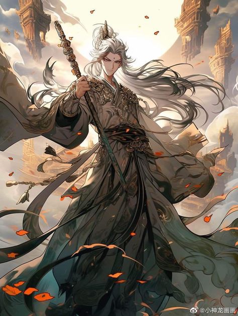 Cultivator Art, Samurai Concept, Anime Wolf Drawing, Chinese Drawings, Long White Hair, Fantasy Wolf, Fantasy Concept Art, Human Art, Anime Drawings Boy