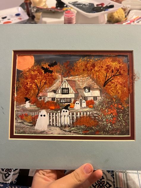 halloween ghost painting fall Upcycled Paintings Thrift Stores, Thrift Store Ghost Painting Trend, Thrifted Ghost Painting Trend, Thrifted Ghost Painting, Thrifted Halloween, Pictures Of Bridges, Spooky Crafts, Upcycle Art, Halloween Canvas Art