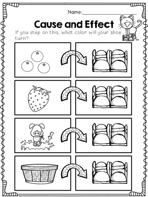 How cute is this Cause and Effect sheet? It would work well with Pete the Cat. Pete The Cat Worksheets, Pete The Cat Activities For Preschoolers, Cause And Effect Worksheet, Whistle For Willie, Cause And Effect Worksheets, Preschool English, Cause And Effect Activities, Cat Activity, Creative Curriculum