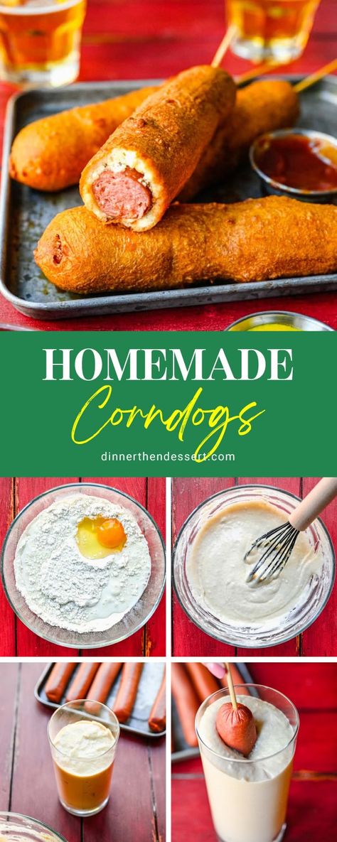 County fair style Homemade Corndogs are a fun, easy dinner recipe! Deep fried, hand-dipped corn dogs with a thick delicious cornmeal batter. Corndog Batter Recipe, Corn Dog Batter, Homemade Corndogs, Fried Pickles Recipe, Corndog Recipe, Homemade Egg Rolls, Batter Recipe, Roasted Cabbage, Dessert Cookbooks