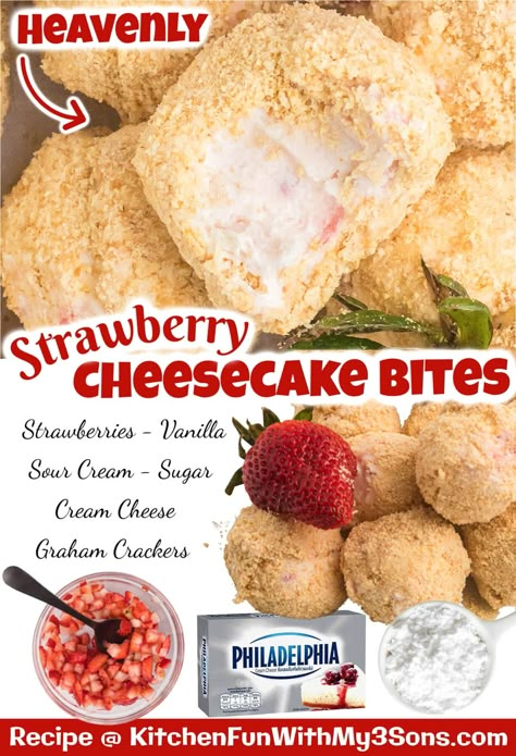 Fake Ginger, Cheesecake Balls, Strawberry Cheesecake Bites, Cheesecake Bites Recipe, Kitchen Fun, Cheesecake Bites, Sweet Snacks Recipes, Creamy Cheesecake, Graham Cracker Crumbs