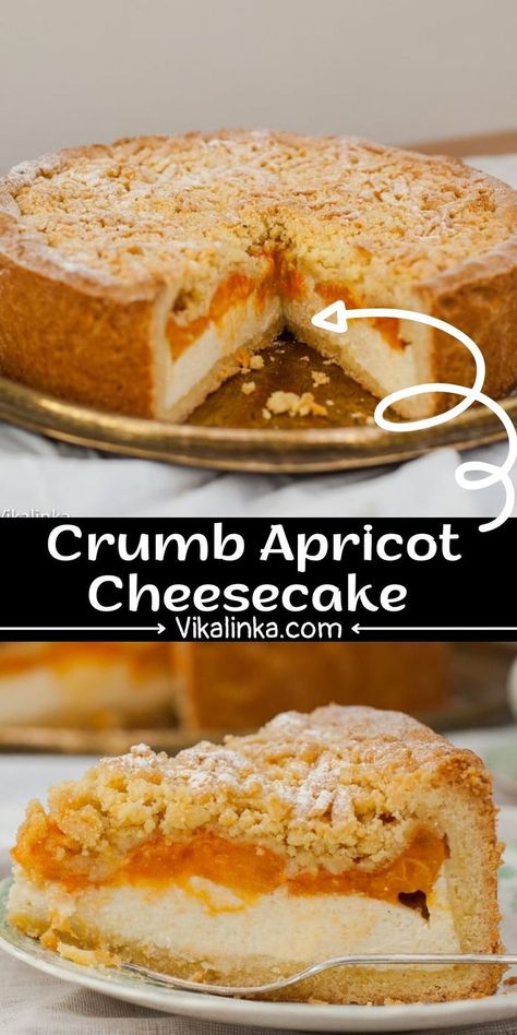 You will fall in love with this crumb apricot cheesecake. Creamy cheesecake, topped with fresh apricot halves and encased in buttery crust. It tastes of summer! Apricot Cheesecake, Apricot Dessert, Delicious Cheesecake Recipes, Almond Desserts, Apricot Recipes, Yummy Cheesecake, Chilled Desserts, Sweet Recipes Desserts, Creamy Cheesecake