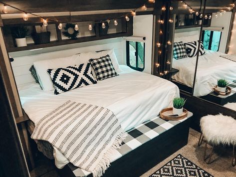 Camper Master Bed Decor, Rv Bed Headboard Ideas, Camper Master Bed, Camper Master Bed Remodel, Camper Bedding Ideas, Camper Bedroom Ideas, Camper Bedding, Camper Revamp, Camper Updates