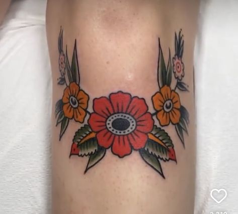 Traditional Poppy Tattoo, Back Of Ankle Tattoo, Inner Elbow Tattoos, Wreath Tattoo, Traditional Tattoo Flowers, Framed Tattoo, Matching Sister Tattoos, Poppies Tattoo, Traditional Tattoo Sleeve