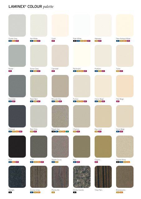 LAmINEx® COLOUR palette - Evo Portables Kitchen Cupboard Colours, Cupboard Colors, Melamine Cabinets, Kitchens Cabinets, Designers Home, Kitchen Benchtops, Wardrobe Door Handles, Bathroom Showrooms, Kitchen Showroom