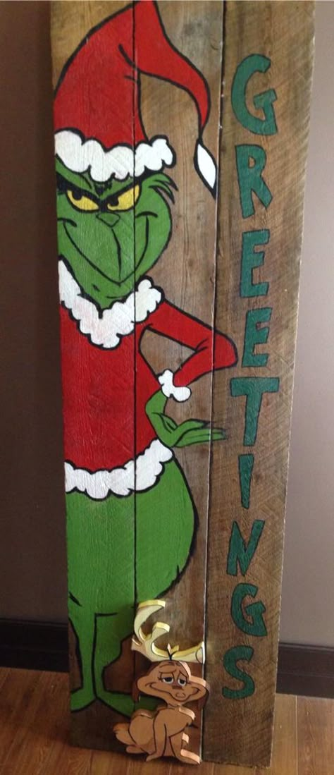 Reversible - Grinch and Max. FALL on the back.  Barn board porch sign Grinch Wooden Decor, Grinch Painted On Wood, Diy Wooden Grinch, Grinch Painting On Wood, Grinch Pallet Ideas, Christmas Porch Boards Signs, Christmas Yard Signs Wooden, Santa Porch Sign, Grinch Board Ideas