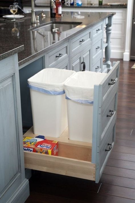 pull-out-trash Farmhouse Kitchen Remodel, White Kitchen Remodeling, Kitchen Trash, Farmhouse Kitchen Cabinets, Kitchen Remodel Before And After, Kitchen Cabinets Makeover, Kitchen Cabinet Remodel, Classic Kitchen, Kitchen Drawers